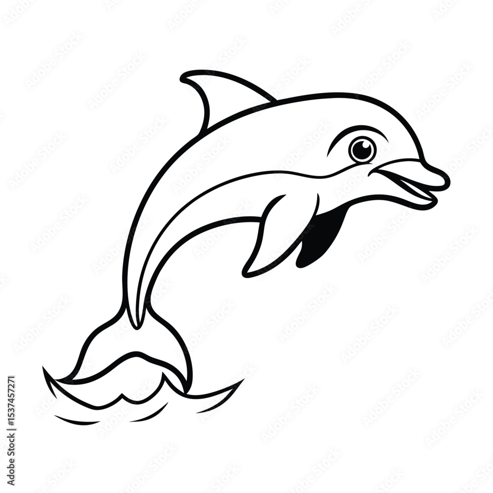 Fototapeta premium Cute dolphin jumping out of water with joyful splash on white background Line art