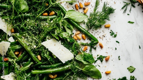 Fresh Green Salad With Herbs, Nuts, and Cheese on White Marble Table