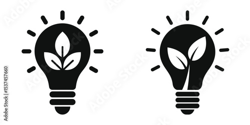 Light bulb with leaf inside (green innovation), Eco-Tech Green Startups, Eco-Friendly Lightbulb Icons for Sustainable Concepts 
