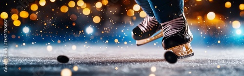 Exciting Hockey Action on a Snowy Night at the Ice Rink in Winter Season.