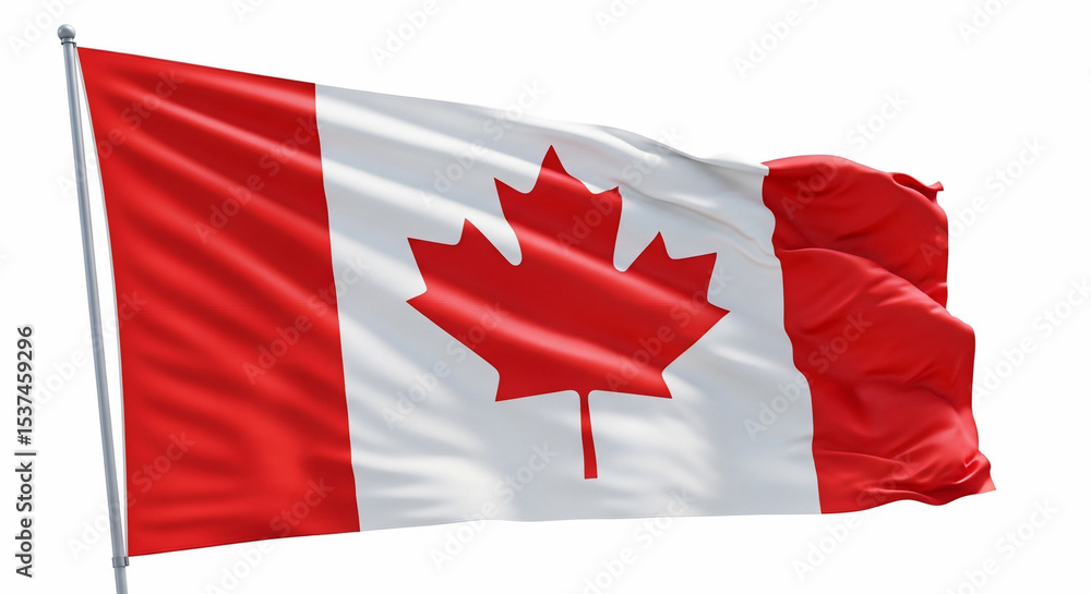 A vibrant Canadian flag proudly waving on a flagpole, isolated on a clean white background. This realistic 3D render represents national identity, patriotism, and global connections, ideal for A vibrant Canadian flag proudly waving on a flagpole, isolated on a clean white background. This realistic 3D render represents national identity, patriotism, and global connections, ideal for