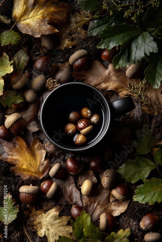 Autumn Harvest of Acorns and Chestnuts Collected in a Rustic Cup on the Fores...