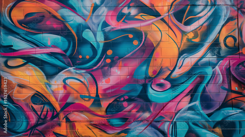 Obraz premium A vibrant brick wall is covered in colorful graffiti with bold pink, yellow, and blue abstract patterns.