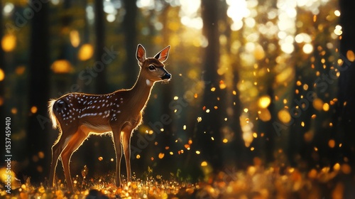Fawn Stands Gracefully in a Sunlit Forest Surrounded by Autumn Leaves and Sof...