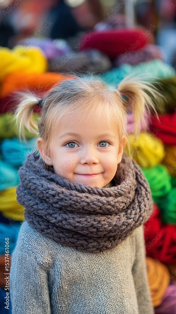 Smiling Girl in Cozy Scarf Poses in Vibrant Market Filled With Colorful Yarn Bundles. Smiling Girl in Cozy Scarf Poses in Vibrant Market Filled With Colorful Yarn Bundles.