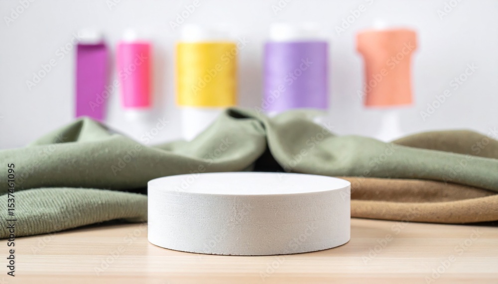 Naklejka premium White Round Product Display with Green and Brown Fabrics