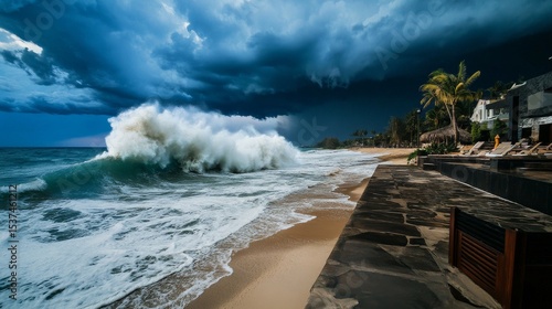Dark Clouds Loom Over Crashing Waves at a Tropical Beach Resort During a Stor...
