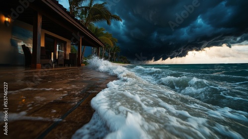 Dark Clouds Loom Over Crashing Waves at a Tropical Beach Resort During a Stor...