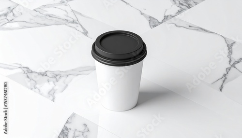 White Paper Coffee Cup with Black Lid on Marble