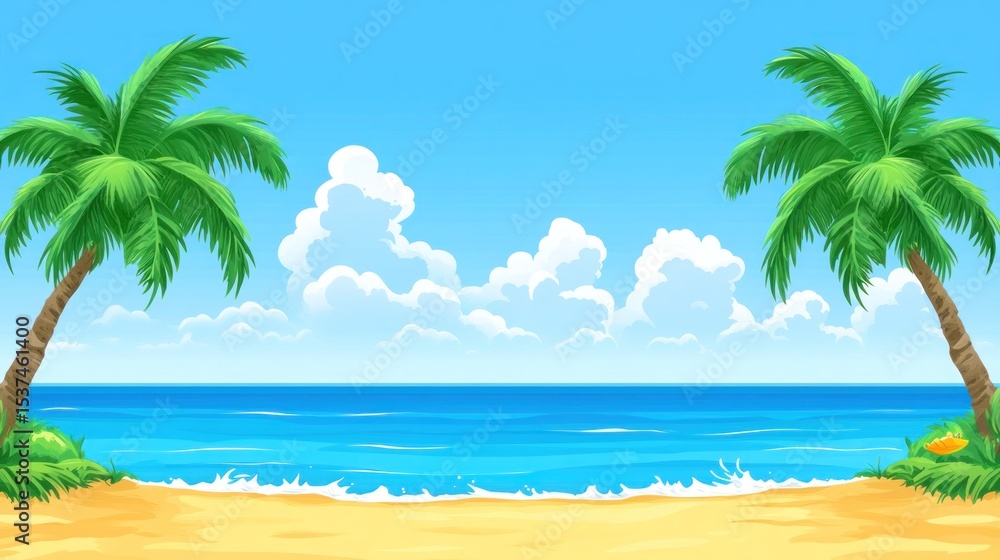 Fototapeta premium Tropical beach scene with palm trees and a clear sky.