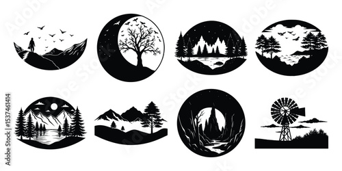 Silhouettes of nature scenes on white background