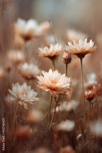 Beautiful Wildflowers Bloom in Soft Hues During Golden Hour at a Serene Meadow.