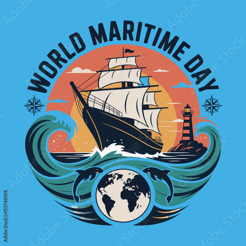 A cartoon sailboat with a red sail cruises on a summer ocean wave, symbolizing adventure and nautical travel