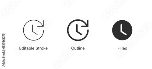 Clock and time icons with rotate, sync, refresh arrows | in editable stroke, outline, and filled styles | for timeline, undo, and historical data interfaces in apps and web