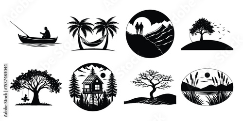 Silhouettes of nature scenes on white background