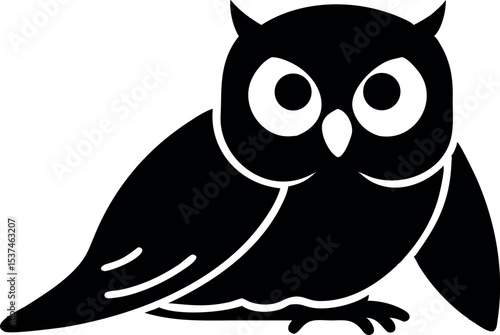 Owl Silhouette with Big Eyes – Wise Bird Black Vector Icon

