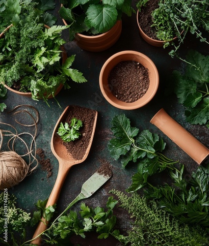 Herb Gardening Setup With Fresh Plants, Soil, and Tools on a Black Background.