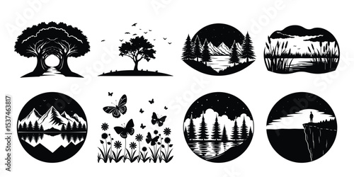 Silhouettes of nature scenes on white background