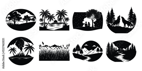 Silhouettes of nature scenes on white background
