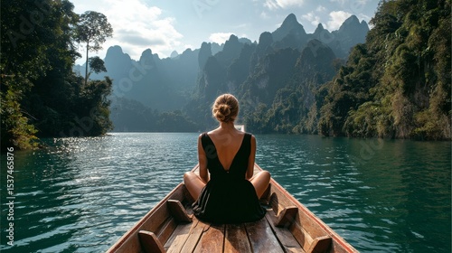 Woman Enjoying Nature on a Boat in a Tranquil Lake Surrounded by Mountains