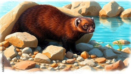 Reddish-Brown Wolverine Near Rocky Shoreline