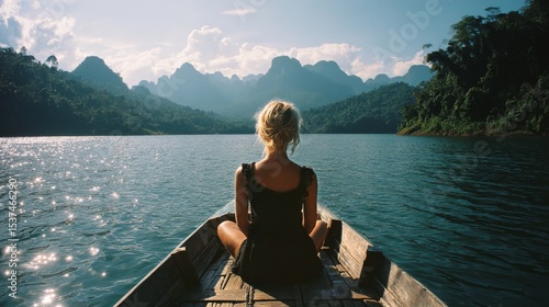 Woman Enjoying Nature on a Boat in a Tranquil Lake Surrounded by Mountains.