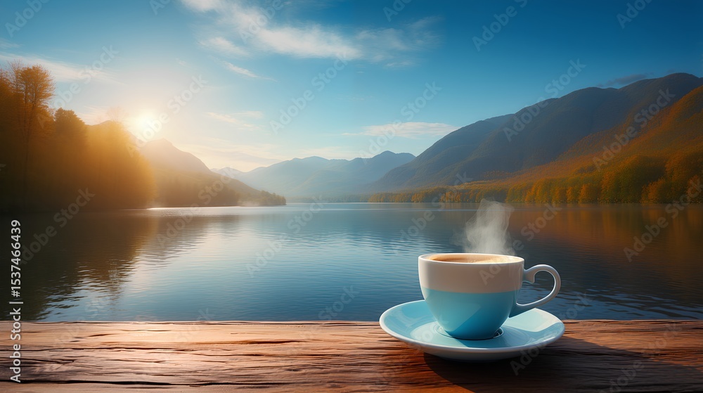 a morning coffee with beautiful lake landscape as background.| camping and travel concept, Inspiration, Energy, Motivation, Positive Vibes, Tranquility, Calm, Peace a morning coffee with beautiful lake landscape as background.| camping and travel concept, Inspiration, Energy, Motivation, Positive Vibes, Tranquility, Calm, Peace
