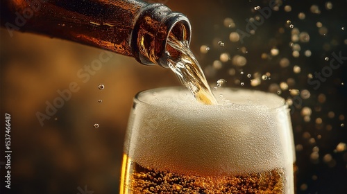 Pouring Cold Beer Into a Glass With Bubbles Rising in a Warm Atmosphere