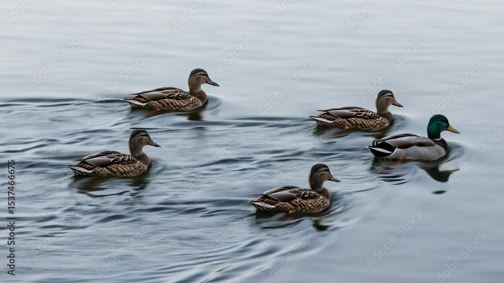 Group of ducks swimming calmly on still water in soft light Group of ducks swimming calmly on still water in soft light