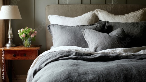 Cozy Bedroom Setup With Soft Pillows and Fresh Flowers on Bedside Table