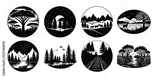 Silhouettes of nature scenes on white background