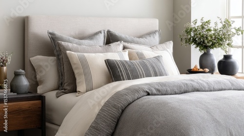 Cozy Bedroom Setup With Soft Pillows and Fresh Flowers on Bedside Table.