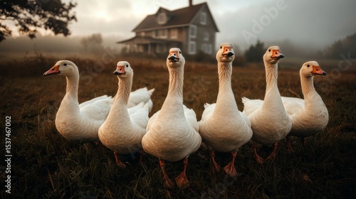 Geese Walking in the Morning Mist Near a Farmhouse in Rural Countryside Setting.
