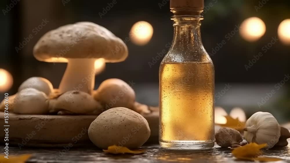 Autumnal Still Life: Mushroom Arrangement and Golden Elixir in Rustic Setting Autumnal Still Life: Mushroom Arrangement and Golden Elixir in Rustic Setting