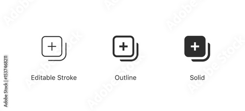 create add new icon symbol plus sign | add file or layer icons | album/add icons | for photo galleries, content creation, and digital interfaces | in editable stroke, outline, and solid