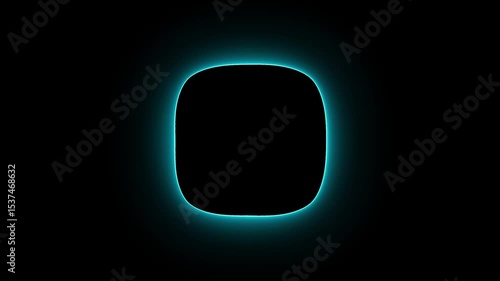 Bright cyan neon pulsating effects layer frame in rounded square on black background animation