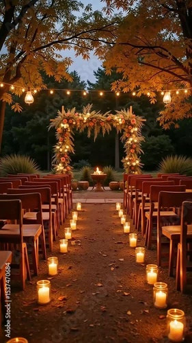 Rustic September Wedding Aisle with Twinkling Lights and Boho Decor