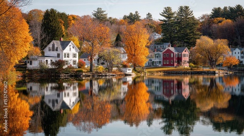Vibrant Autumn Colors Reflect on Serene Lake With Charming Houses in the Back...