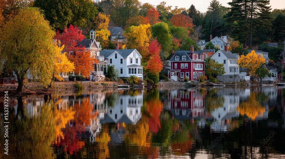 Fototapeta premium Vibrant Autumn Colors Reflect on Serene Lake With Charming Houses in the Background