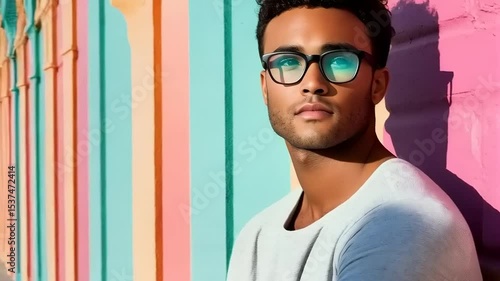 Contemporary portrait of a young man with glasses against vibrant wall backdrop