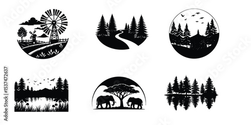 Silhouettes of nature scenes on white background