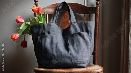 Tote Bag With Artificial Tulips Placed on a Wooden Chair in a Cozy Indoor Set...