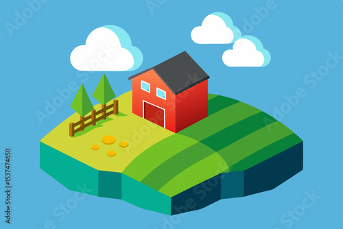 Idyllic Farm Scene Red Barn, Rolling Hills, and Lush Green Fields