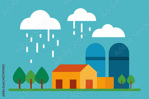 Farm Under Rainy Sky A Charming Illustration of Rural Life and Agriculture