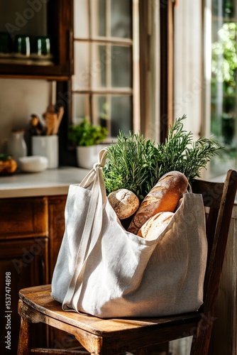 Fresh Produce and Baked Bread in a Woven Bag on a Wooden Chair in a Sunlit Ki...