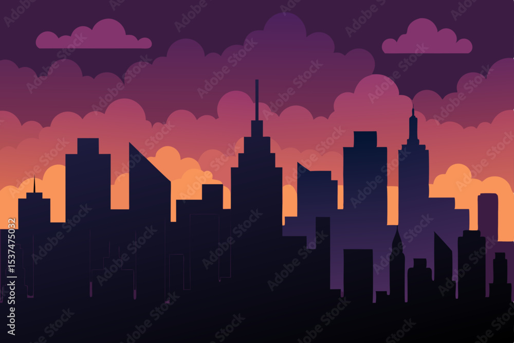 Fototapeta premium Cityscape Silhouette at Dusk Urban Skyline Illustration