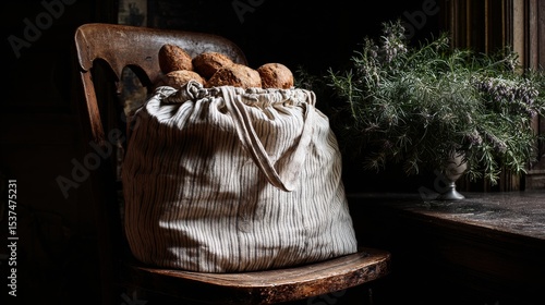 Rustic Bread Bag Placed on an Old Wooden Chair Beside a Small Plant in a Cozy...