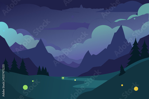 Enchanted Night Serene Mountain Valley Landscape Illustration