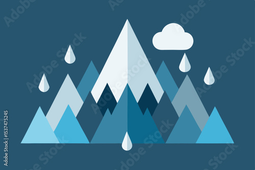 Serene Mountain Range Illustration Rain, Clouds, and Peaks in Blue Hues