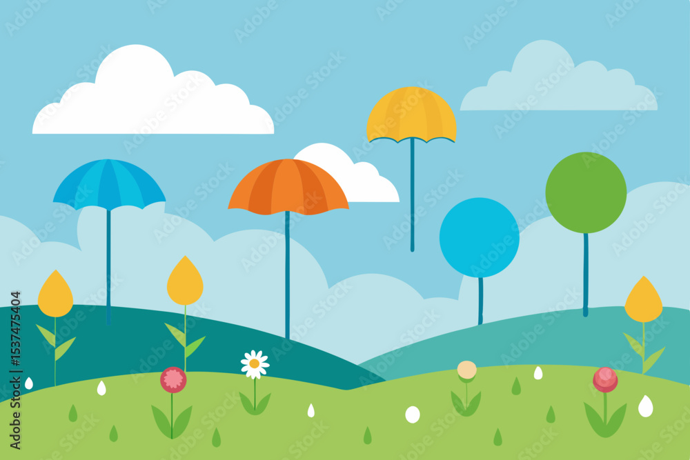 Fototapeta premium Springtime Landscape Colorful Umbrellas, Blooming Flowers, and Sunny Hills